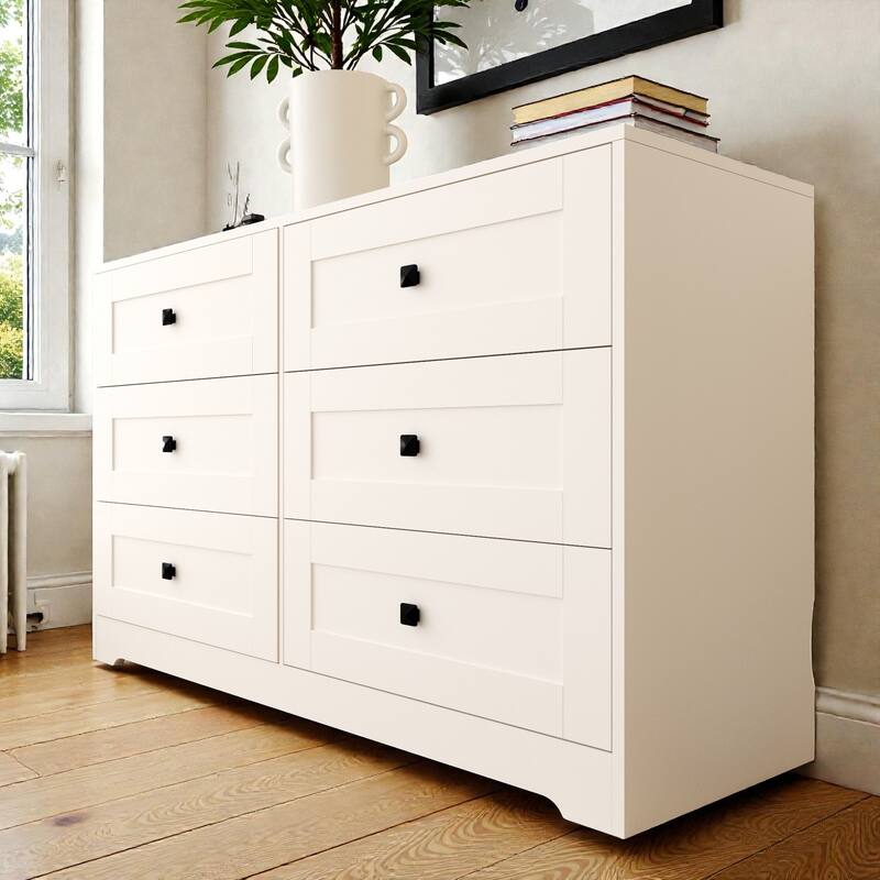 Farmhouse White 6 Drawer Dresser with Barn Door Style, Chest of Drawers Storage Cabinet for Bedroom Living Room