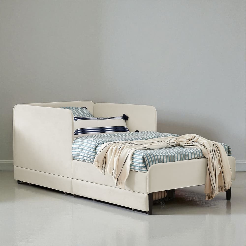 Twin Size Upholstered Platform Sofa Bed with Velvet Cushions and 2 Storage Drawers, Convertible Daybed Frame