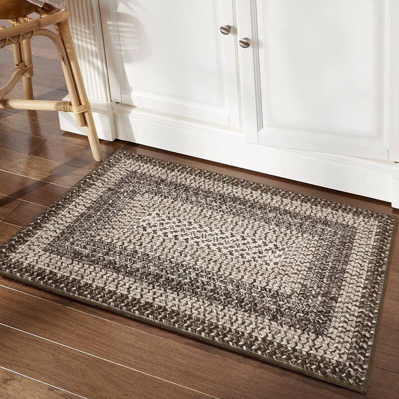 Washable Living Room Rugs Modern Braided Print Area Rug Border Design Accent Rugs for Bedroom Non-Slip Low Pile Area Rug