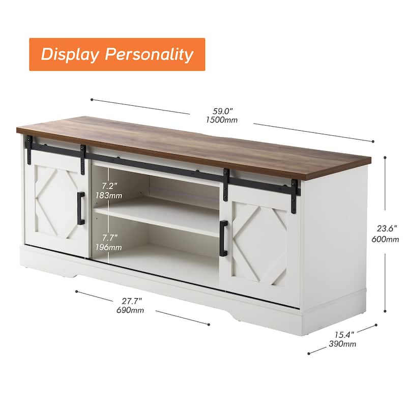 Farmhouse Sliding Barn Door TV Stand Rustic Gray for TVs up to 65"