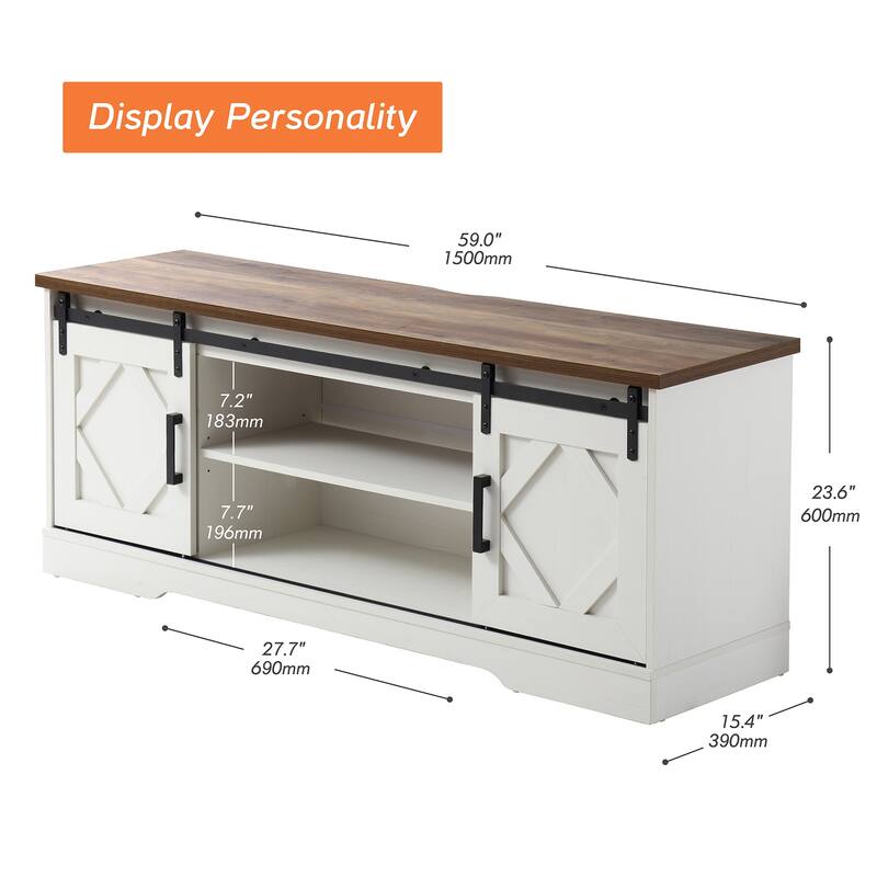 WAMPAT Sliding Barn Door 59-inch Wood TV Stand Storage Cabinet