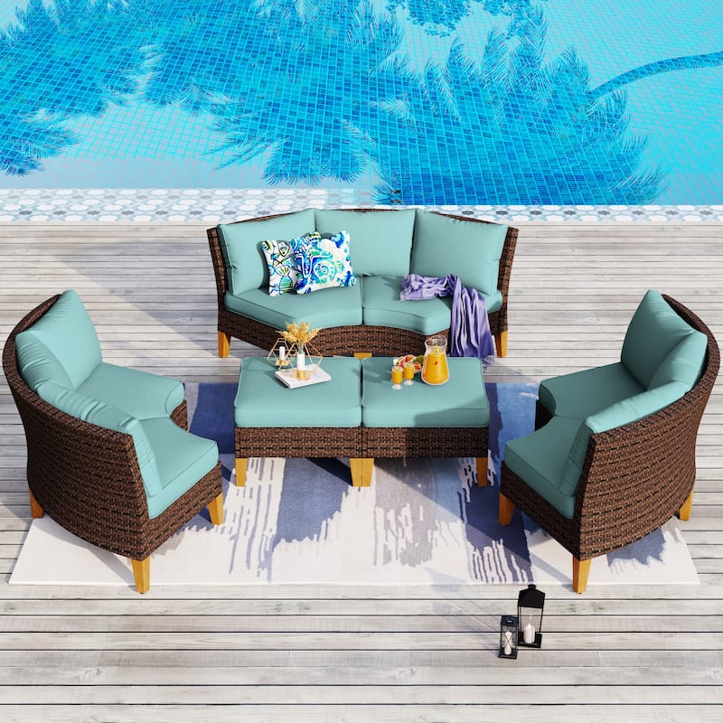 12-Seat Outdoor Wicker Half-Round Furniture Set, Half-Moon Sectional Sofa All Weather Curved Conversation Set - 8-Seat - Type B