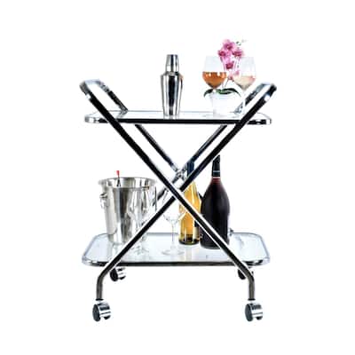 Stylish Silver Bar Cart with Aluminum Frame and Dual Glass Shelves Wheel Locks Perfect for Parties - 26.25”L x 16.5”W x 30.5"H