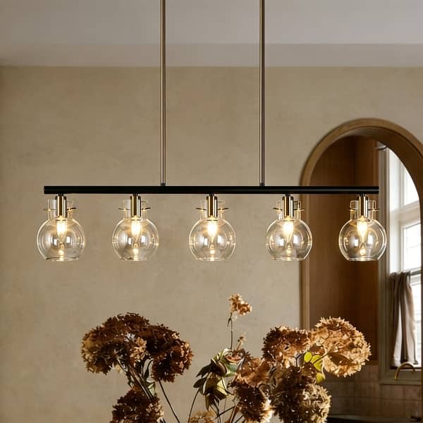 slide 2 of 11, Modern Industrial 5-Light Black Gold Linear Chandelier Clear Glass Kitchen Island Lights for Dining Room