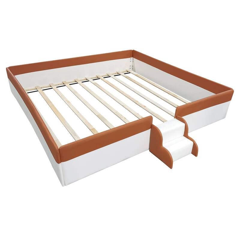 Kids Floor Bed with Fence, PU Upholstered Daybed Frame, Wood Slat Panel Bed w/ Small Stairs for Kids Girls Boys