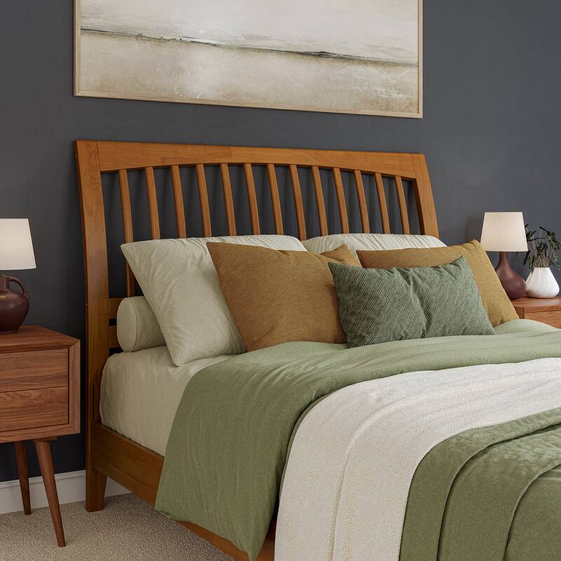 Modern Platform Bed - Solid Wood Sleigh Bed Frame - Low Profile Design - Light Toffee Finish