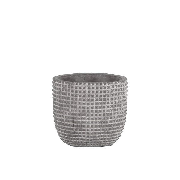 Cement Engraved Square Lattice Design Pot With Tapered Bottom, Small, Light Gray