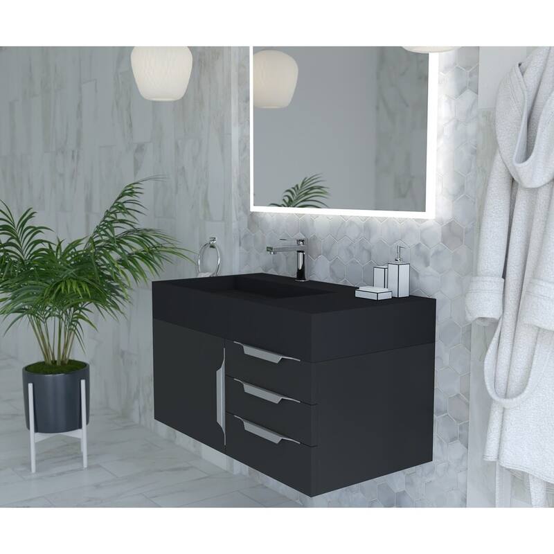 Amazon 36" Wall Mounted Bathroom Vanity Set w/ Black Top
