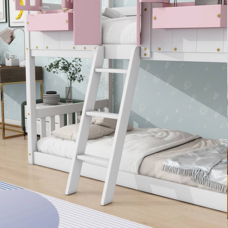 Pink/White Twin Over Twin House Bunk Bed with Roof, Window, Door, Safety Guardrails, and Ladder