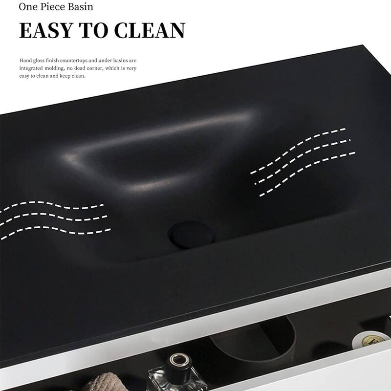 Wall-Mounted Bathroom Vanity Set in White with Black Quartz Top and Integrated Sink