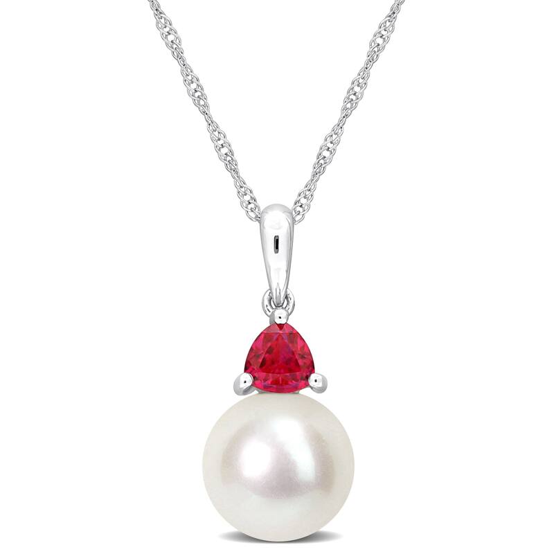 Miadora 8-8.5mm Cultured Freshwater Pearl and 1/3ct TGW Created Ruby Pendant with Chain in 10k White Gold - 19 mm x 8.4 mm