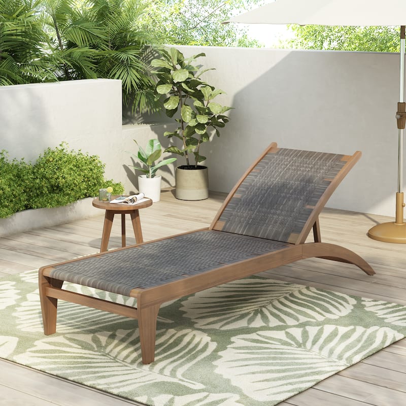 Benfield Outdoor Acacia Wood and Flat Wicker Chaise Lounge by Christopher Knight Home - Light Brown+Light Grey+Single