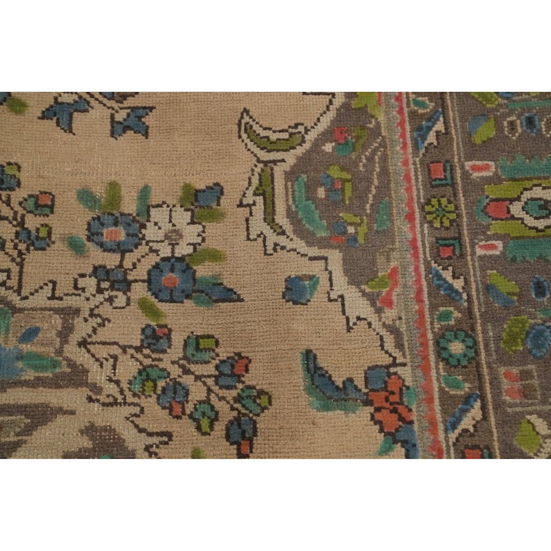 Hand Knotted Oriental 100% Wool Carpet Traditional Floral Beige & Ivories Tabriz Area Rug - 9' 5'' X 6' 5''