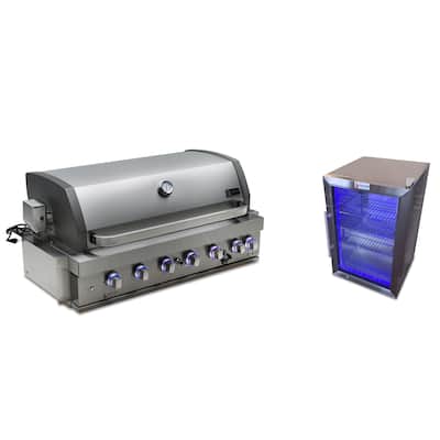 Mont Alpi MABi805-COMBO 6-Burner Black Stainless Steel Built-in BBQ Grill with Outdoor Compact Refrigerator & Accessories - N/A