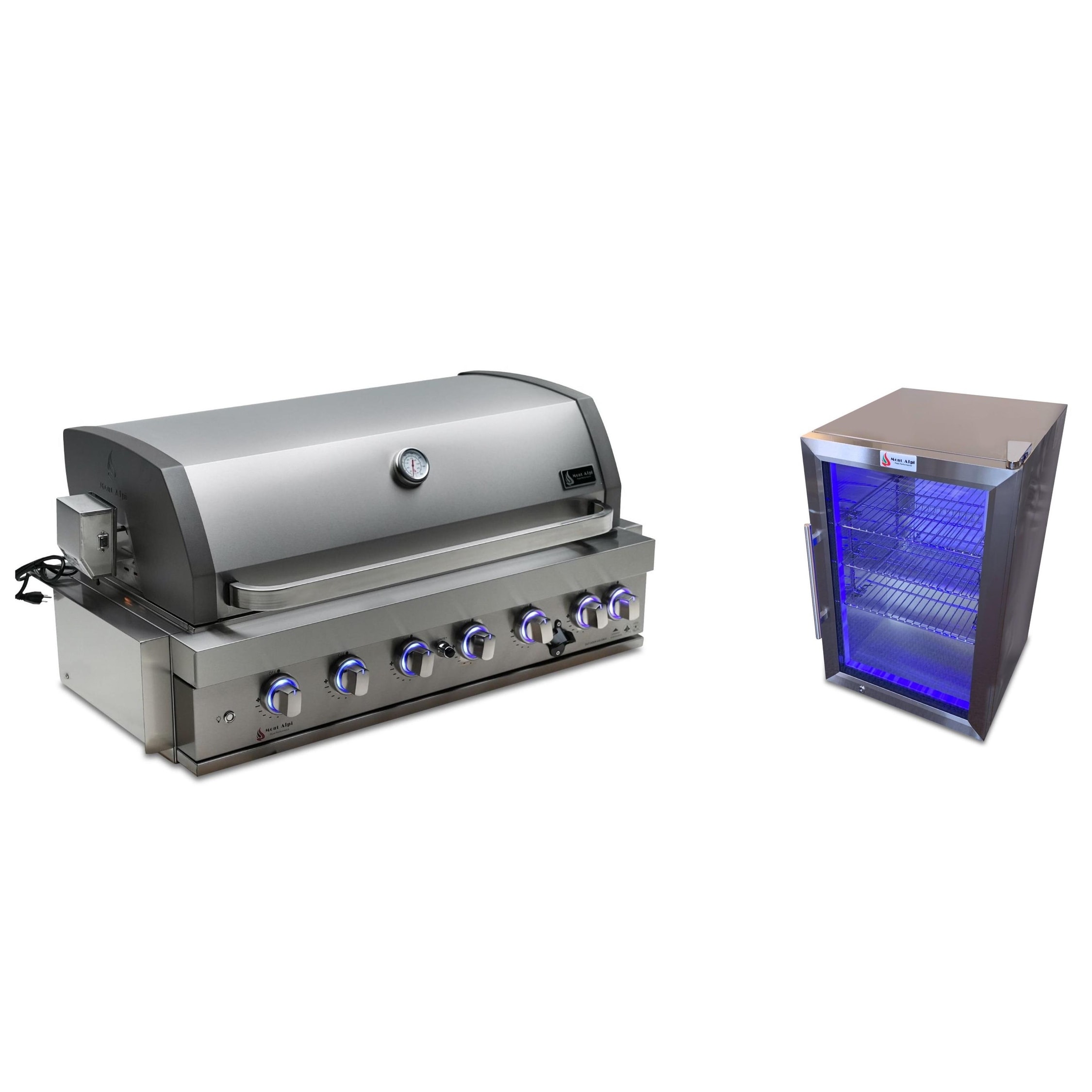 Mont Alpi MABi805-COMBO 6-Burner Black Stainless Steel Built-in BBQ Grill with Outdoor Compact Refrigerator & Accessories