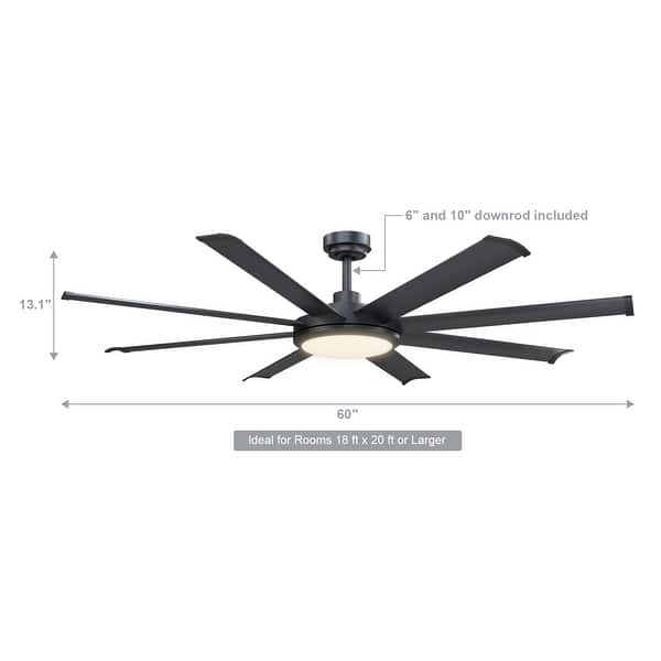 60" Matte Black 8-Blade LED Ceiling Fan with Light and Remote