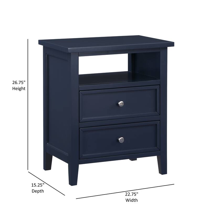 2- Drawer Nightstand with Nickel Knobs and Open Shelf Solid Wood Construction