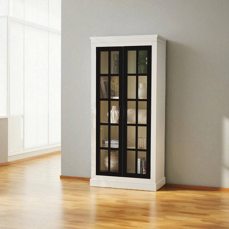 71.2" Farmhouse Pantry Cabinet with Glass Doors, Adjustable Shelves, and Lattice Window Display