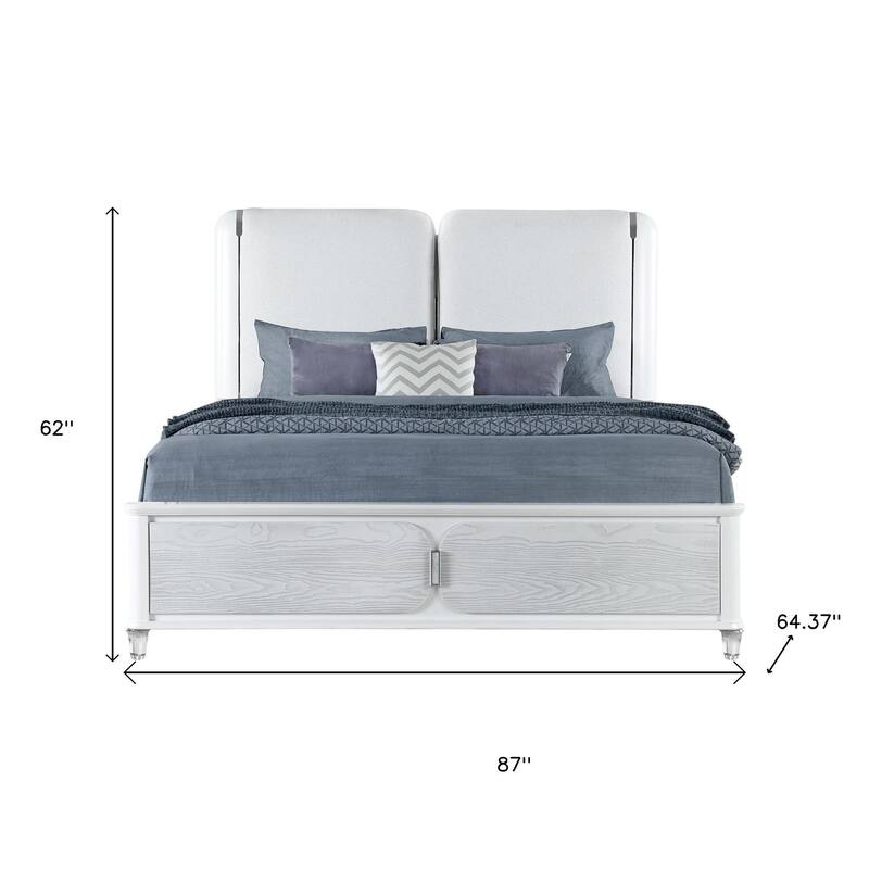 HomeRoots Gray and White Wood And Upholstery Lighted Queen Bed Frame