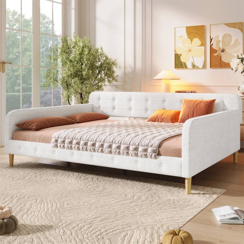 Twin/Full/Queen Size Upholstered Daybed with 4 Support Legs, Linen Fabric Daybed Frame Sofa Bed with Button Tufted Design - Beige - Queen