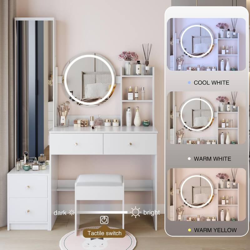 Round Mirror LED Vanity Table, Touch Control Makeup Cabinet, Vanity Set with Full Body Mirror Cabinet & Cushioned Stool