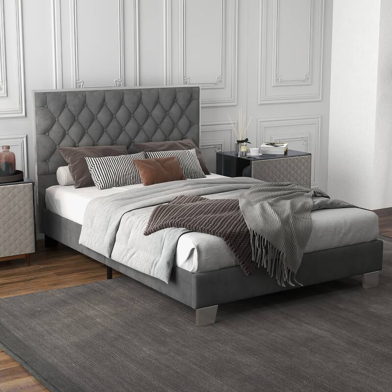 Costway Upholstered Bed Mattress Foundation with Button Tufted Velvet