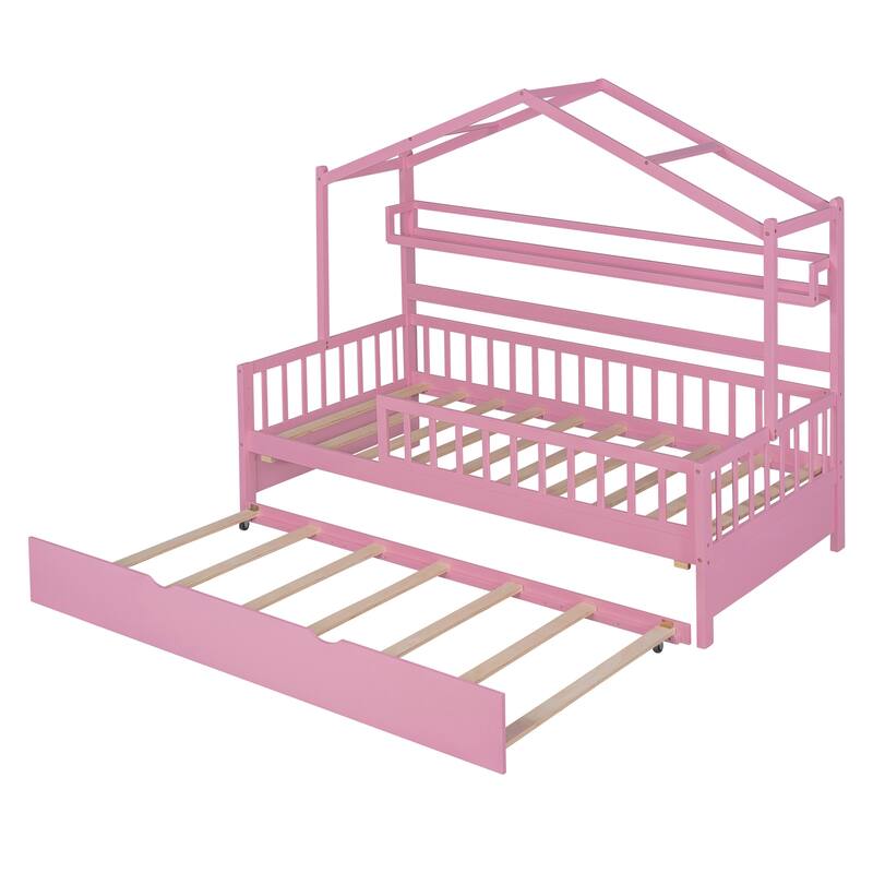 Cute Wooden Twin or Full House Bed with Trundle, Kids Bed Wood Platform Bed Frame with Safety Guardrail & Storage Shelf