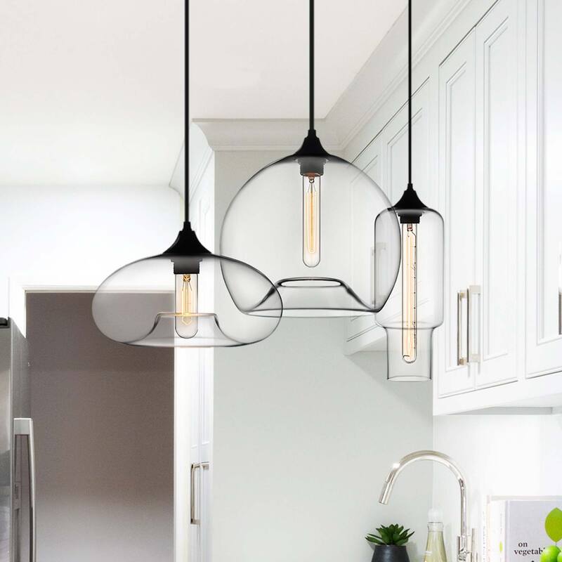 3 - Light Modern Cluster Pendant Chandelier with Clear Glass - 8" X 10" X 3.5" - Black