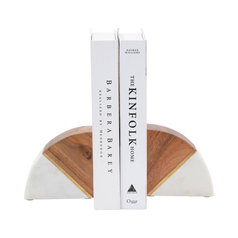 Decorative Wood and Marble Bookends - 5", White & Brown - 4.5"
