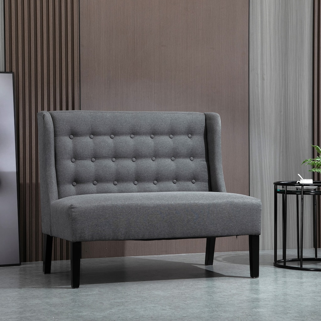 Grey Linen Upholstered Wingback Sofa with Rubberwood Frame and Button-Tufted Design for 2 Comfortable Seat