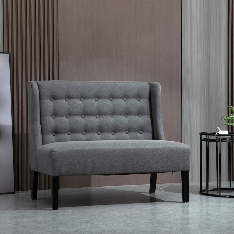 Grey Linen Upholstered Wingback Sofa with Rubberwood Frame and Button-Tufted Design for 2 Comfortable Seat