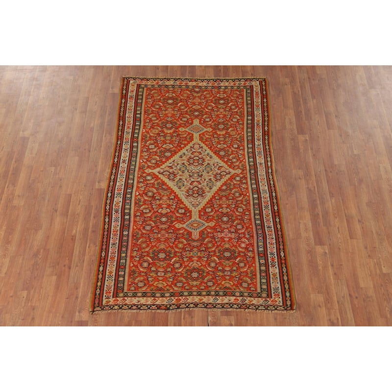 Vegetable Dye Kilim Senneh Antique Persian Rug Hand-Woven Wool Carpet - 4'2" x 6'10"