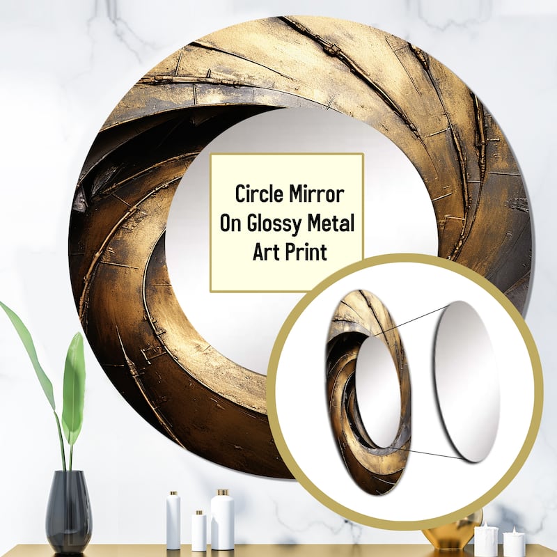Designart "Gold Black Timeless Turn" abstract spirals Living Room Mirror - Gold Modern Large Round Mirror