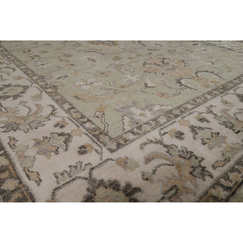 Green Ivory Oushak Indian Area Rug Hand-Knotted Wool Carpet - 8'1" x 10'1"