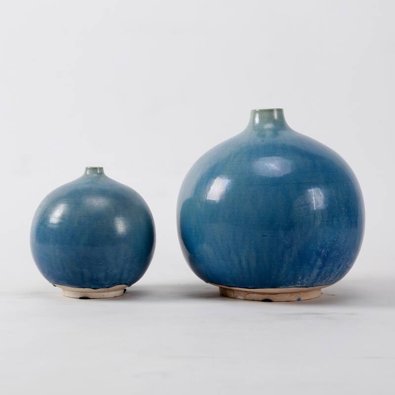 Artissance 9" H Round Blue Ceramic Vintage Style With Small Opening Vase