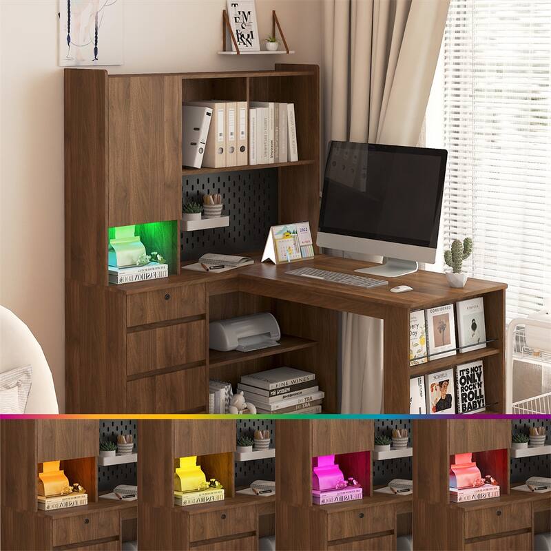 L Shaped Desk,Computer Desk w/Drawers,Bookshelf,LED Light,Corner Desk