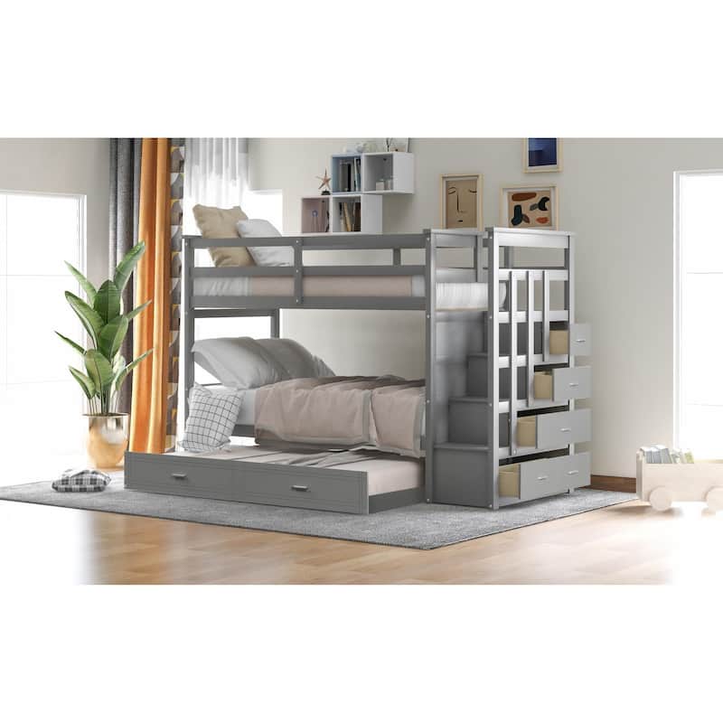 Twin Over Twin Bunk Bed with Trundle and Staircase