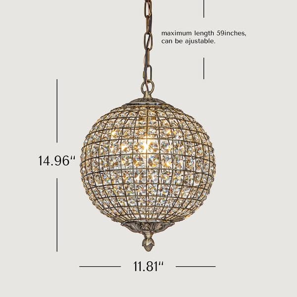 CraftHome 1-Light 12" Vintage Antique Gold Globe Small Sphere Pendant Light with Crystal Accents - W:11.8"