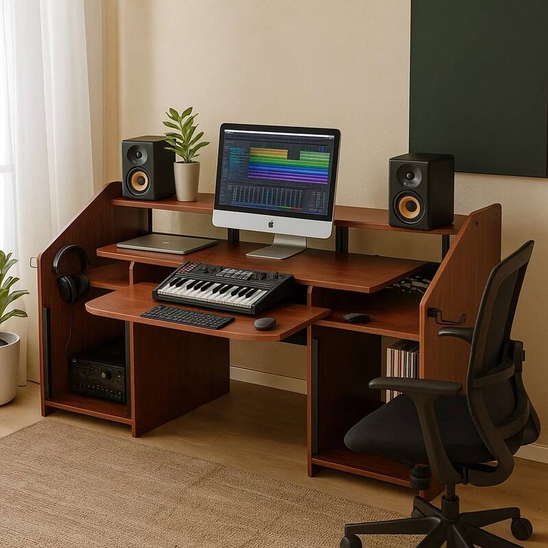 71 Inch Wood Music Desk Studio Workstation, 3 Shelves, Cherry Brown