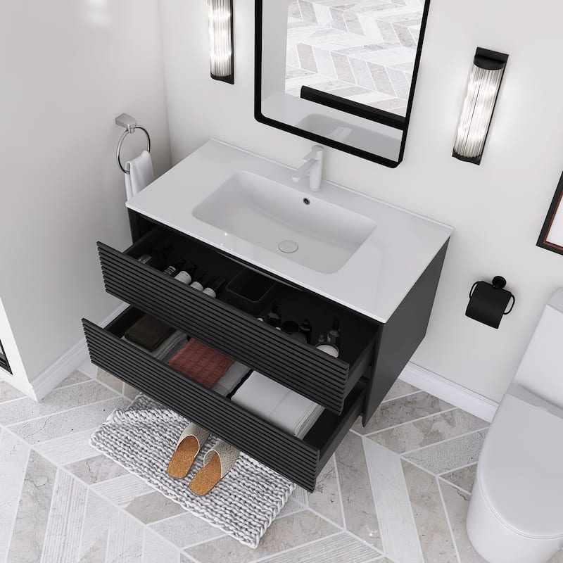 Wall-Mounted Bathroom Vanity with White Ceramic Sink
