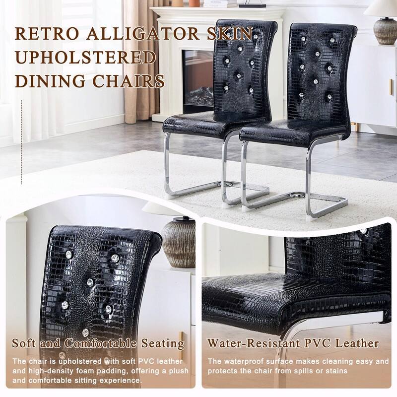 Set of 2 Retro Alligator Skin Upholstered Dining Chairs with Crystal Buckle Design & Faux Leather