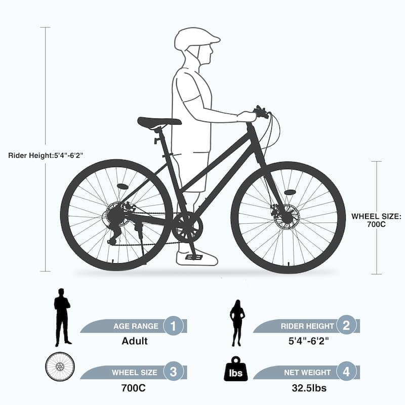7 Speed Hybrid City Commuting Bike with Double Brakes, 18 Inch Steel Frame, 700C Road Cycling Bicycle for Boys & Girls