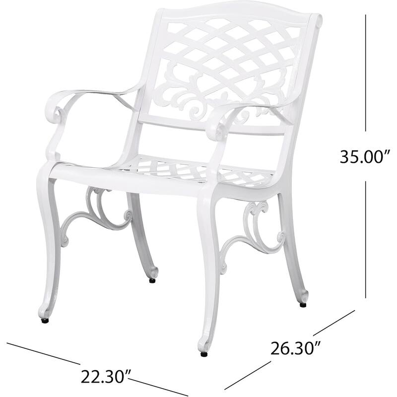 Dieter 4-Person White Aluminum Patio Set - Round Dining Table with Lattice Scrollwork