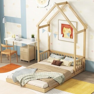 Natural Full Size Pine Wood Headboard Floor Bed with Guardrails, No Slats