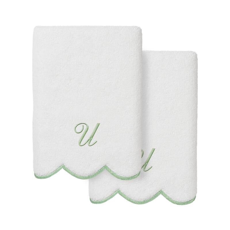 Authentic Hotel and Spa 100% Turkish Cotton Green ADORNIA Scallop Personalized 2 Piece Hand Towel Set - 2 Hand Towels - U