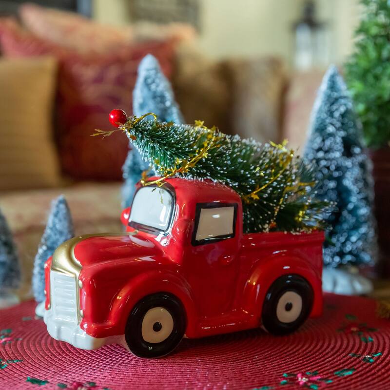 10" L XMAS Tree in Ceramic Red Truck