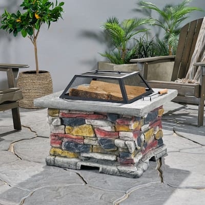 28" Concrete Wood Burning Outdoor Fire Pit Table with Lid
