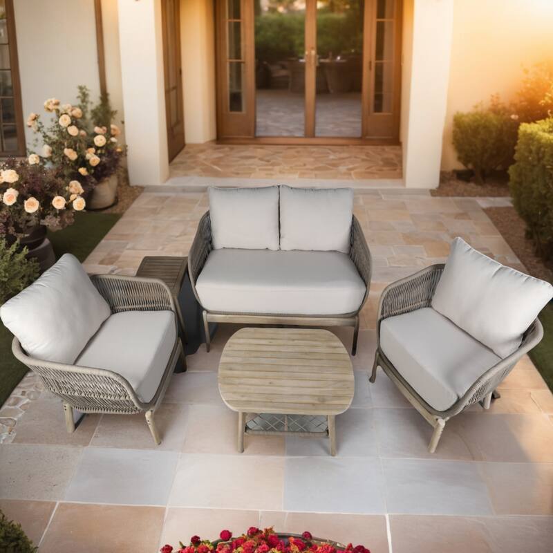 5-Piece Outdoor Acacia Wood Conversation Set with Oval Coffee Table