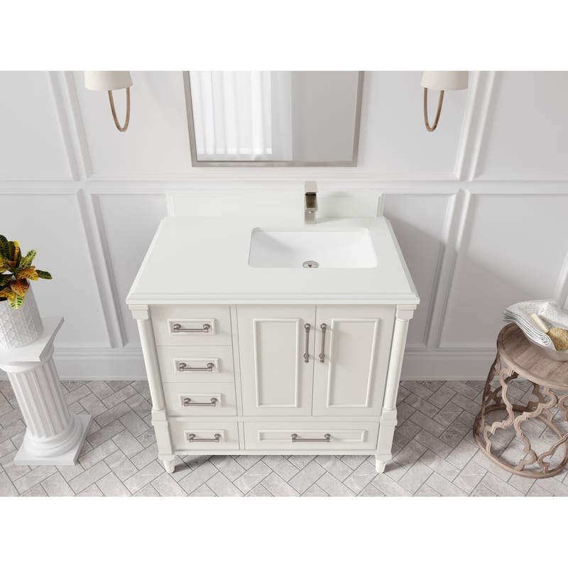 Willow Collections 36 in. W x 22 in. D Aberdeen Right Offset Sink Bathroom Vanity with Countertop - 1.5" White Quartz - Ivory