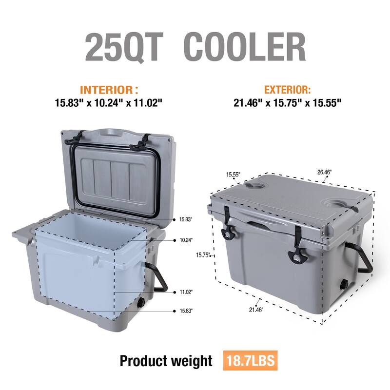 25QT Portable Cooler, Insulated Hard Cooler with Bottle Opener, Cup Holder, Forming Ruler, Travel, Beach, Camping, Fishing
